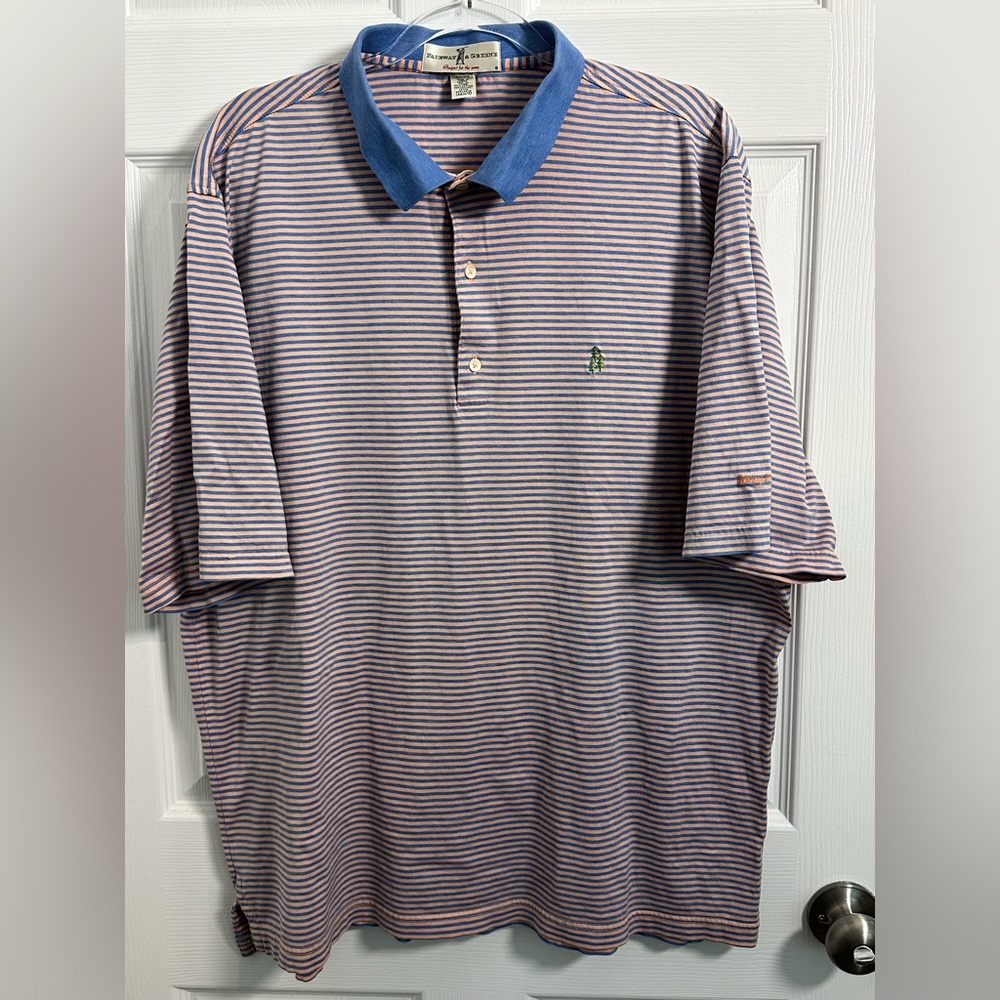 Fairway & Greene Men's Golf Polo Shirt Sz XL Short Sleeve‎ Striped Blue & Pink